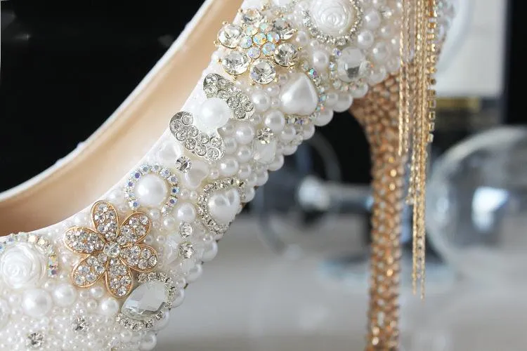 White Pearl Wedding Shoes Thin High Heel Luxury Rhinestones