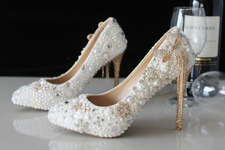 White Pearl Wedding Shoes Thin High Heel Luxury Rhinestones