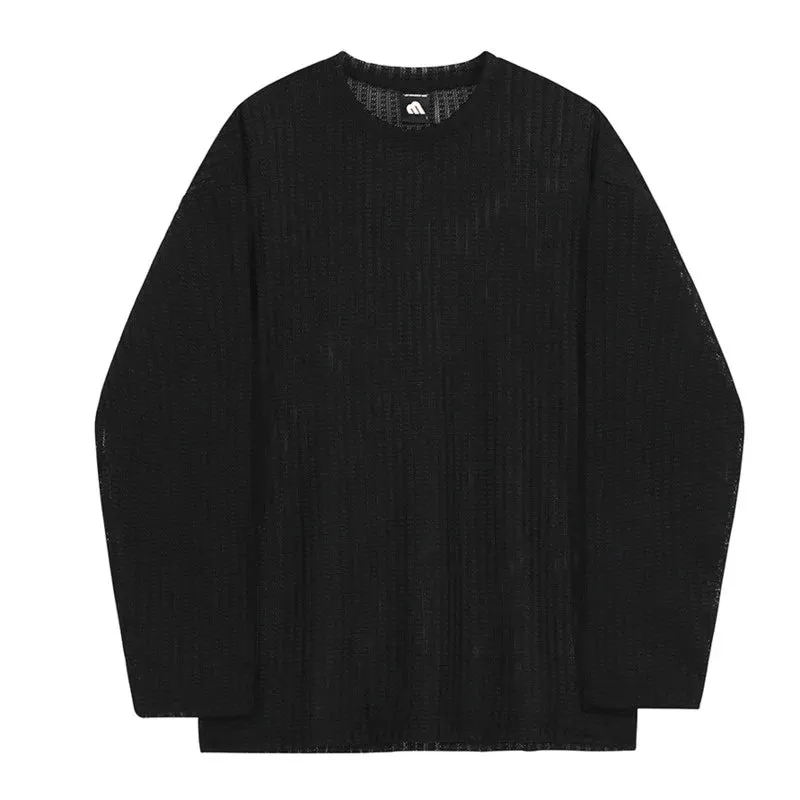 WIAOFELLAS  -  Knitwear Lightweight Cotton Long Sleeve Men's T-shirt Autumn Tide New Loose Tops Black And White Bottom Cloth 2Y7522