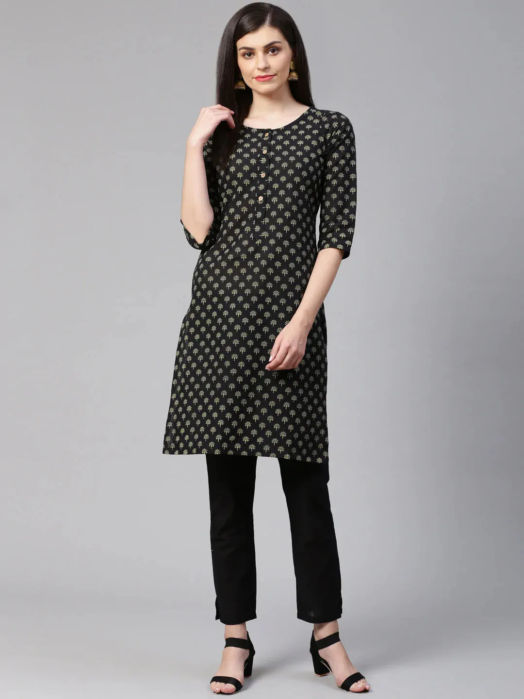 Women Black And Beige Printed Kurta With Trousers