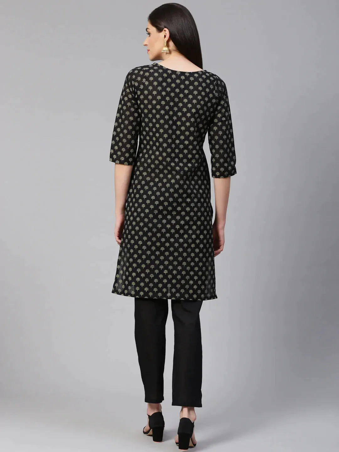 Women Black And Beige Printed Kurta With Trousers