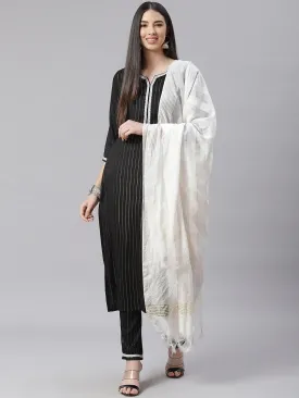 Women Black And White Striped Kurta With Trousers & Dupatta