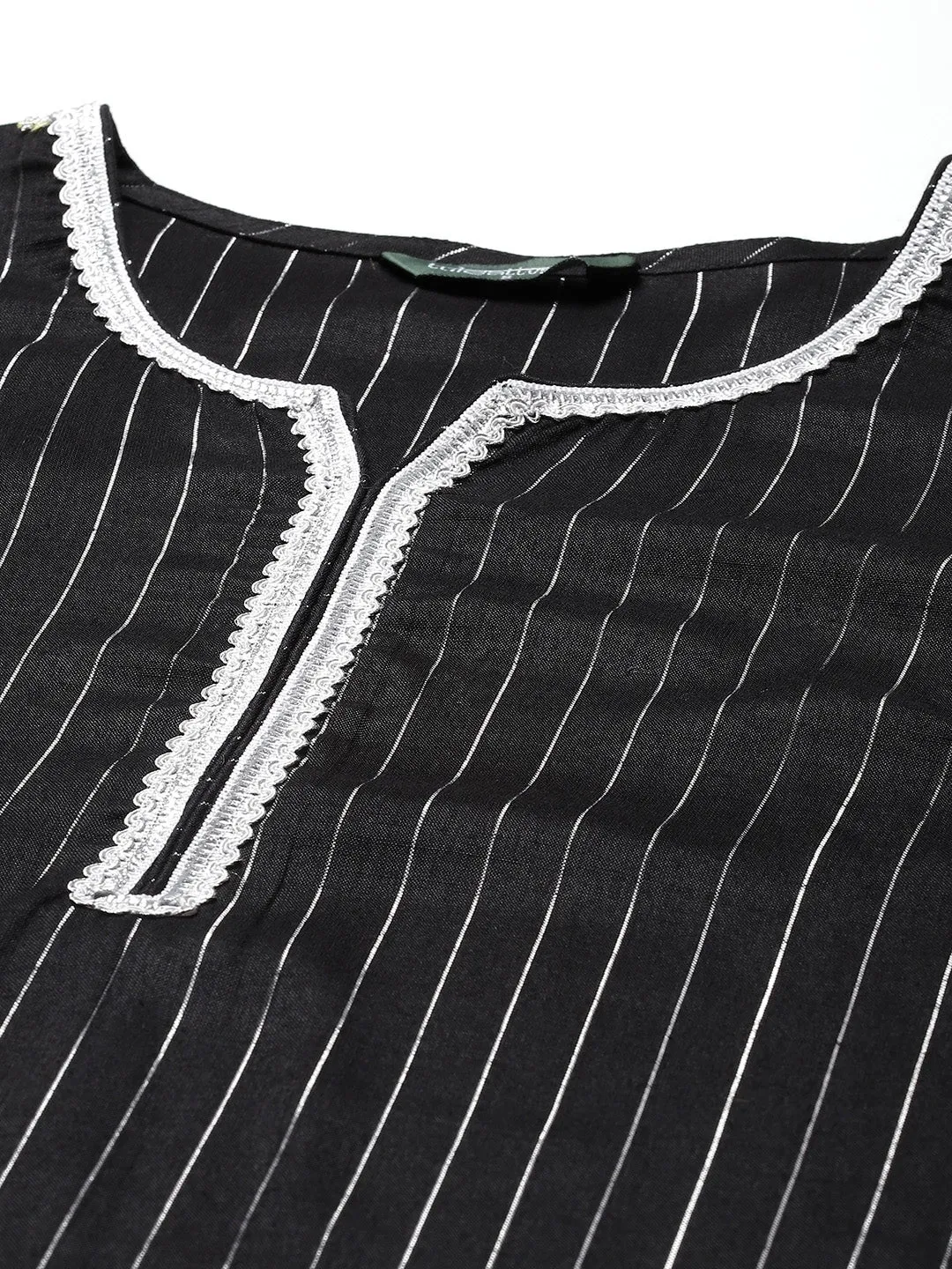 Women Black And White Striped Kurta With Trousers & Dupatta