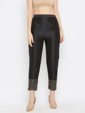 Women Black Hem Design Silk Trouser