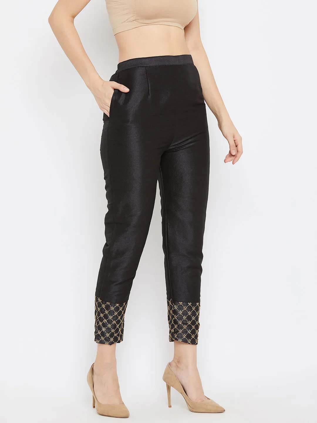 Women Black Hem Design Silk Trouser