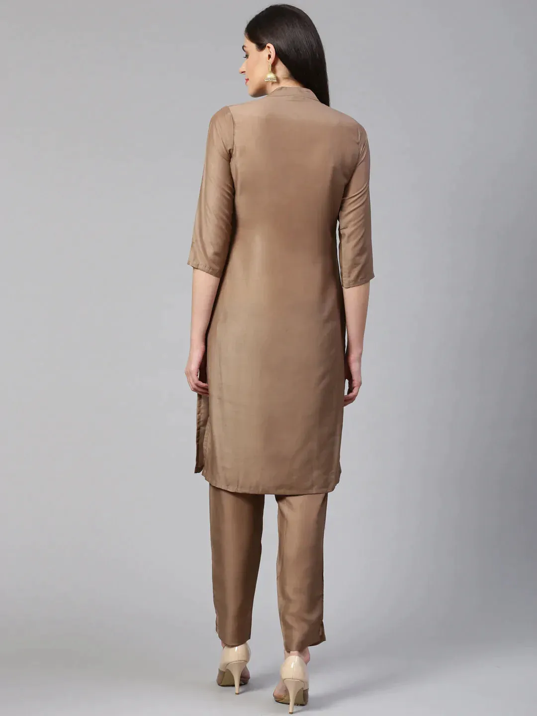 Women Brown Embroidered Solid Kurta With Trousers