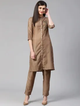 Women Brown Embroidered Solid Kurta With Trousers