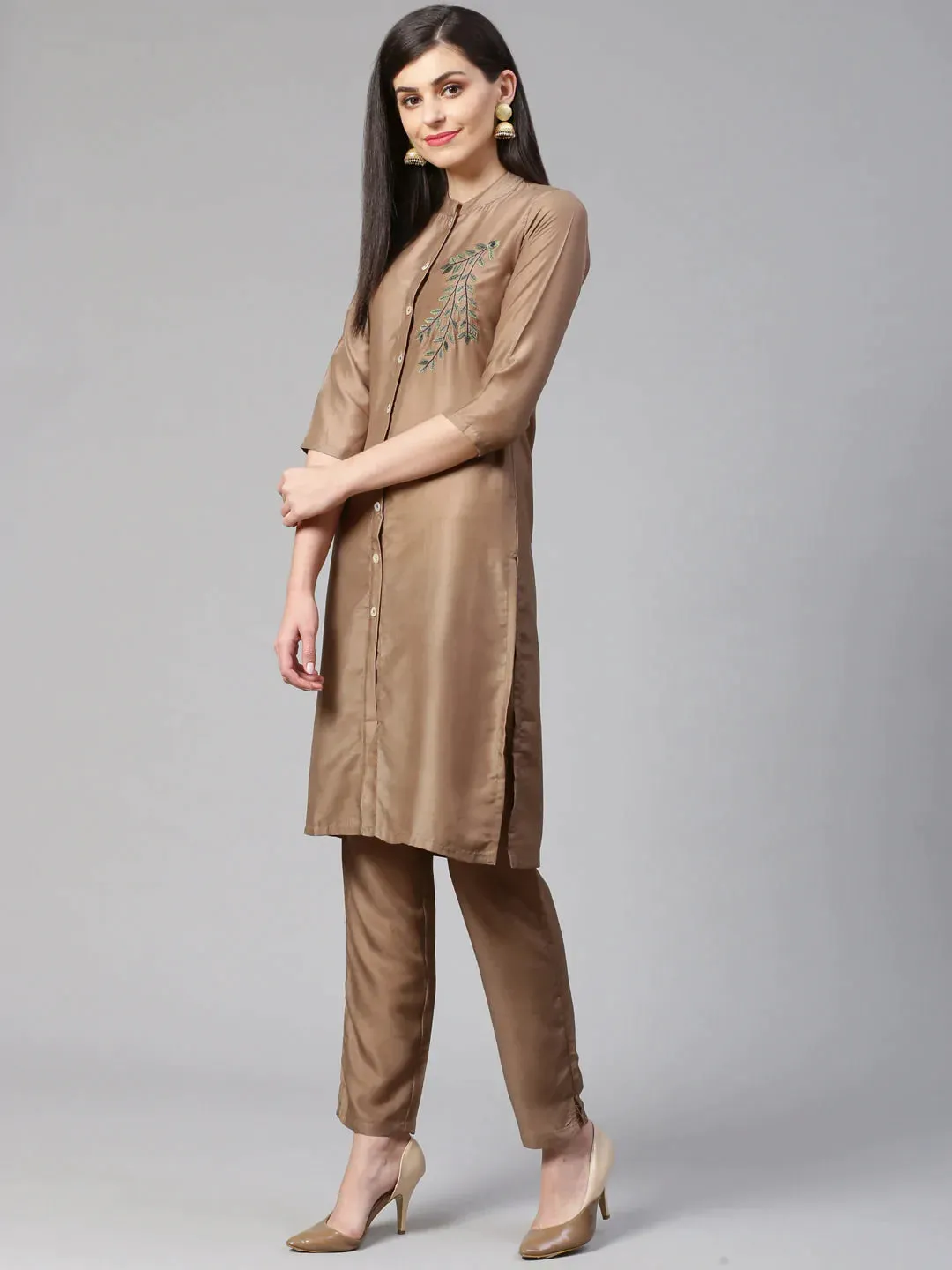 Women Brown Embroidered Solid Kurta With Trousers