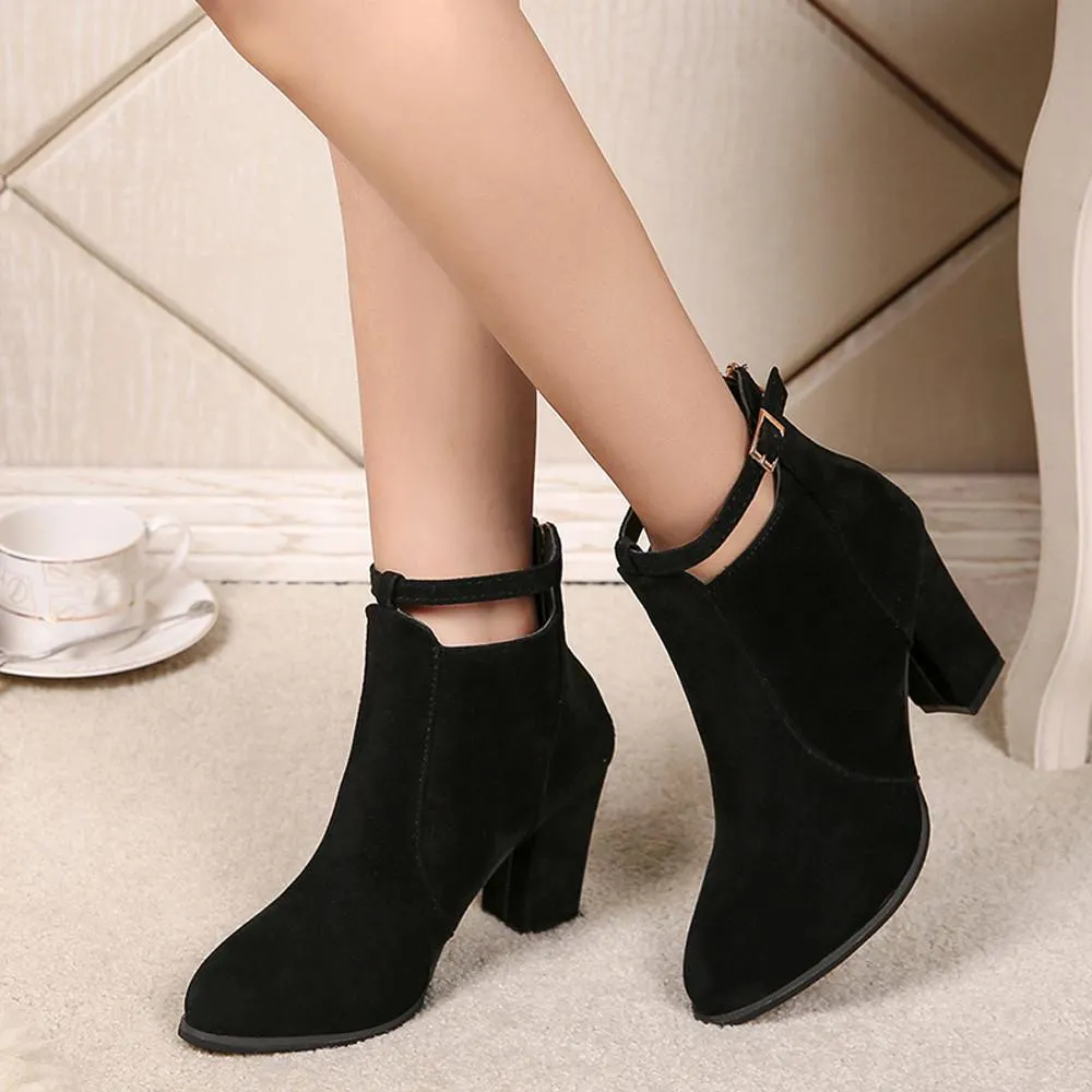 Women Buckle Ladies Belt  Faux Warm Boots Ankle Boots High Heels Martin Shoes