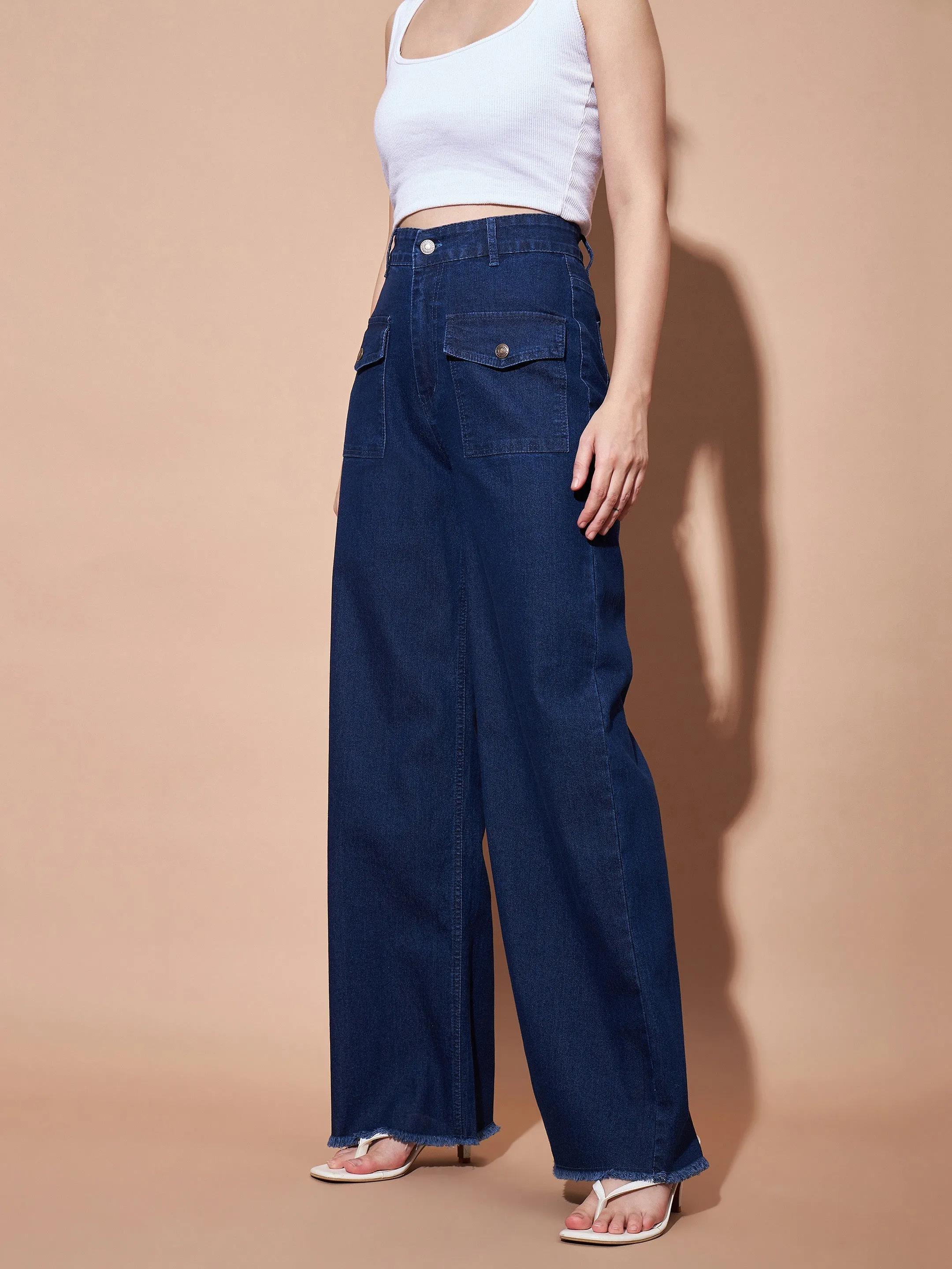 Women Navy High Waist Flap Pocket Straight Jeans