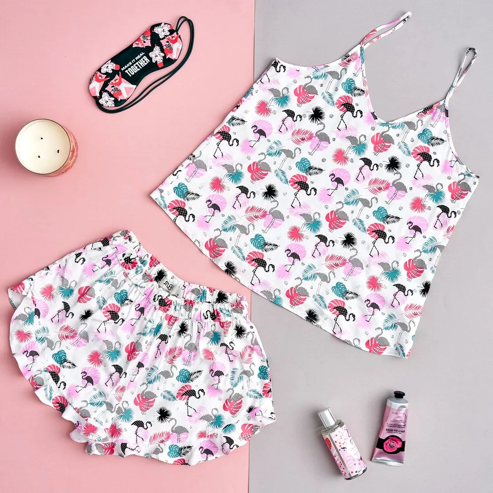 Women summer pajama set Flamingo top   ruffles shorts