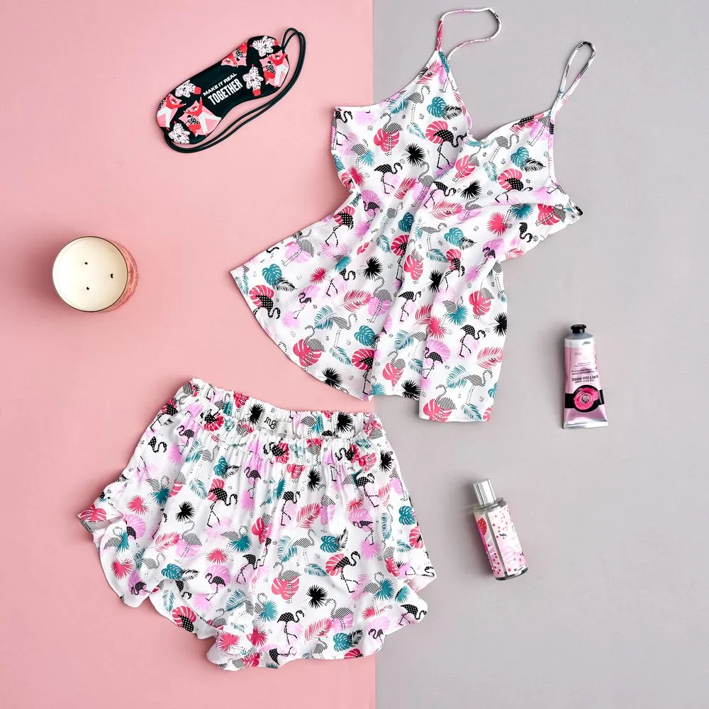 Women summer pajama set Flamingo top   ruffles shorts