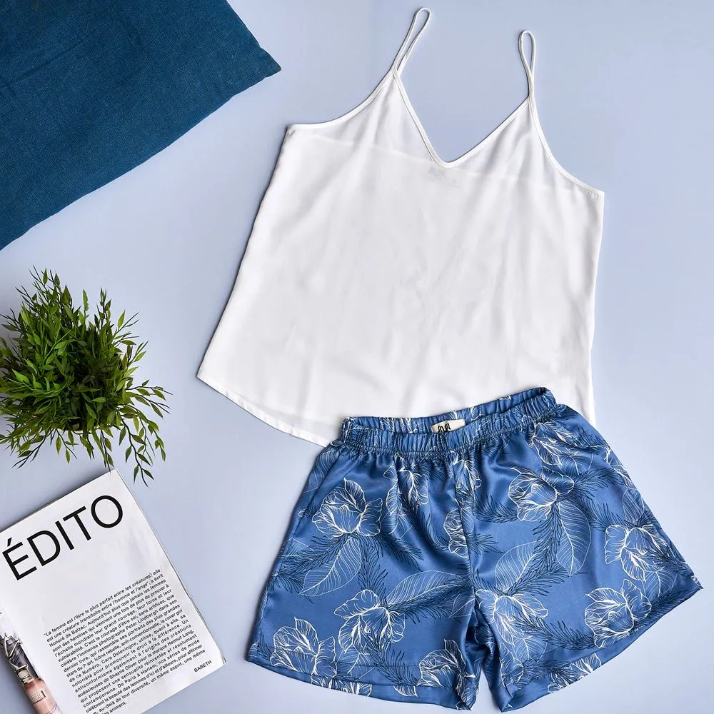 Women summer pajama set Off-white top   Petrol Blue flowered shorts