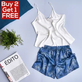 Women summer pajama set Off-white top   Petrol Blue flowered shorts