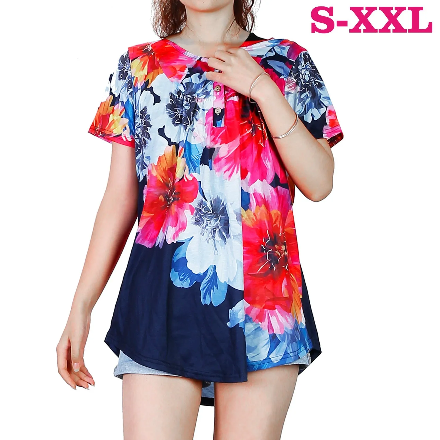 Women Summer Shirts Tops Loose Short Sleeve T Shirts Casual Floral Printed Button Shirts Blouse S-XXL