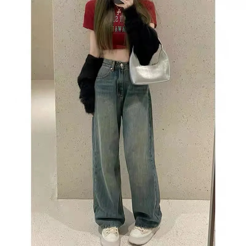 Worn-Out Look Pear-Shaped Straight Pants High-Waisted Retro Jeans