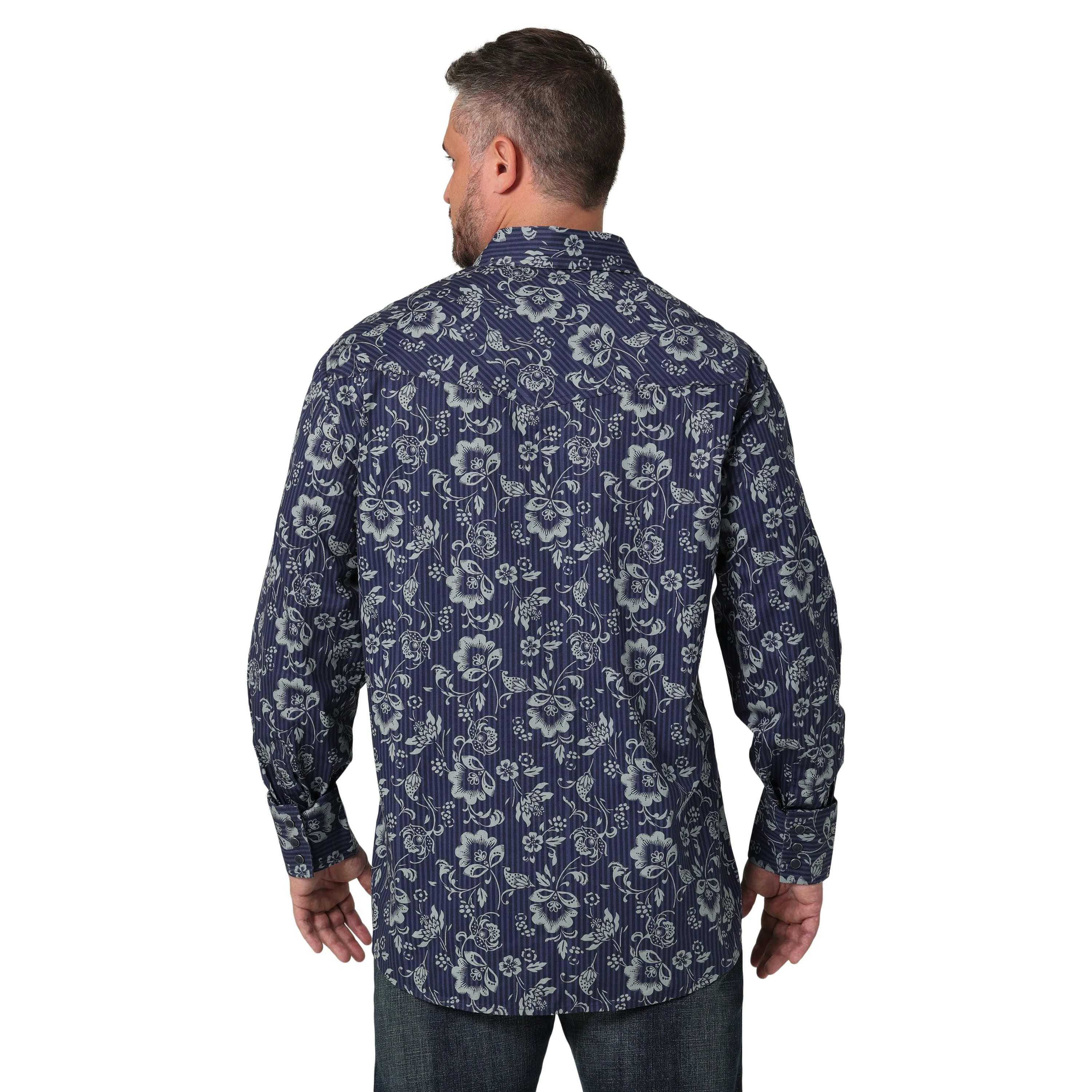 Wrangler Way Out West Navy Floral Print Western Snap Shirt for Men